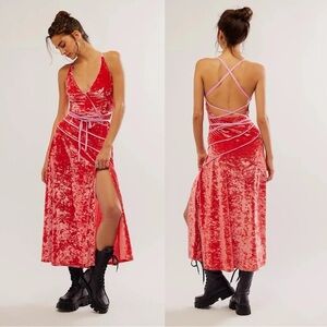 Free People Deia Velvet Strappy Open Back Midi Dress Hot Orange XL